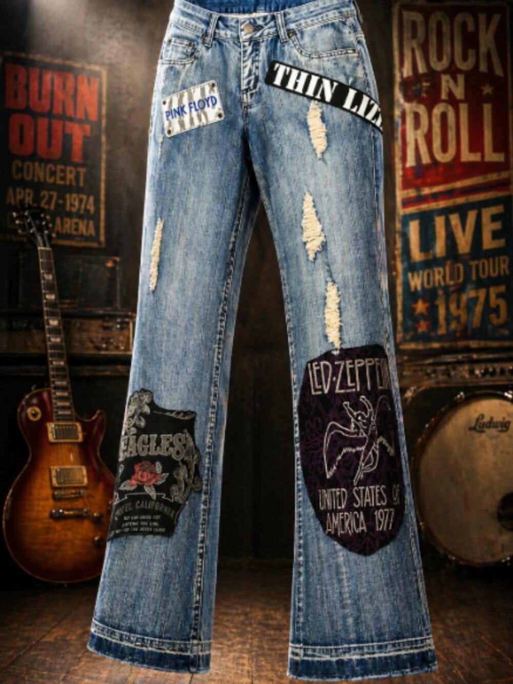 80s Custom Rock Band Jeans THIN LIZZY Pink Floyd EAGLES Led Zeppelin Women's 2